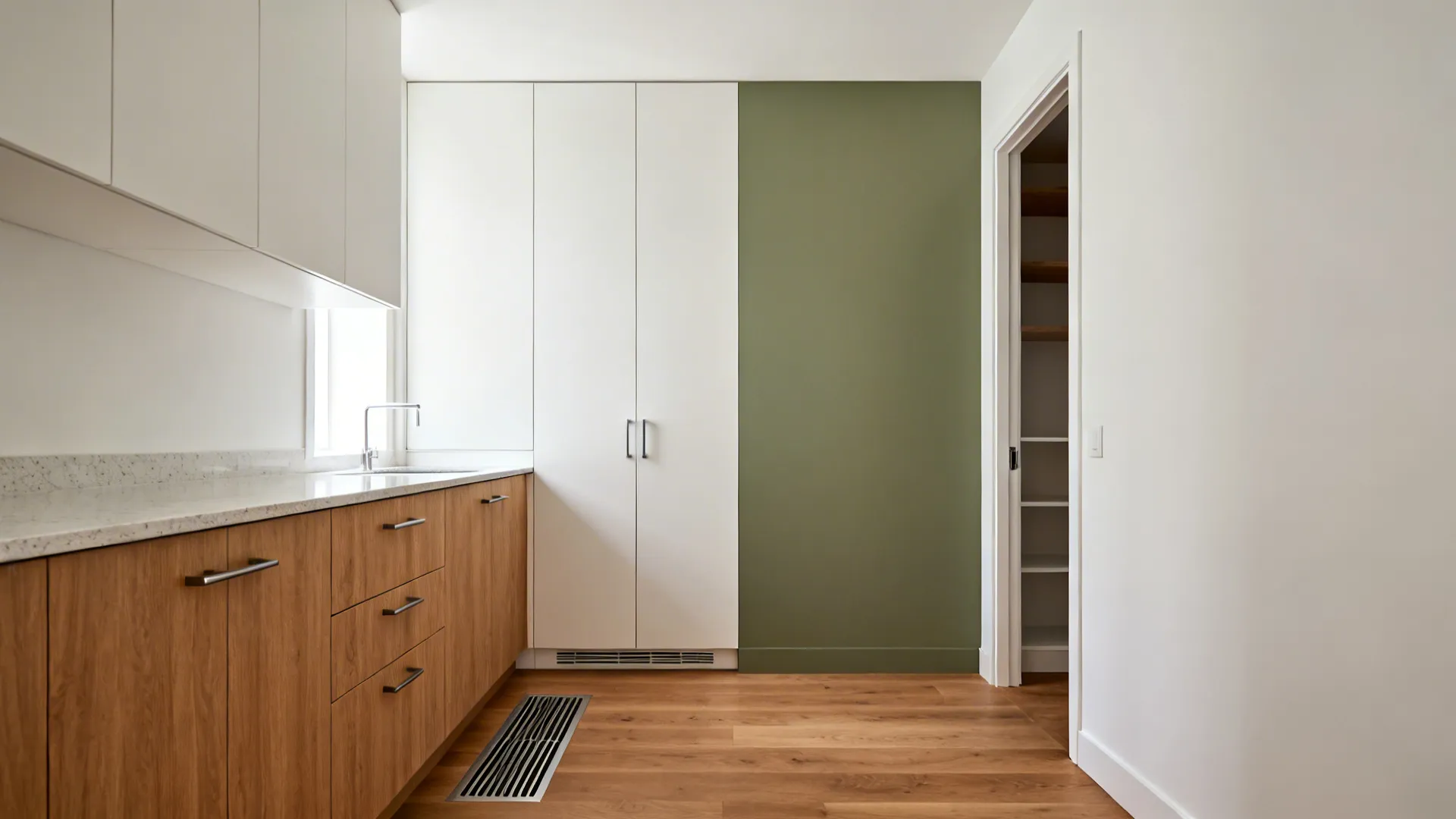 Modern kitchen with wood lower cabinets white tall storage units green wall and open pantry