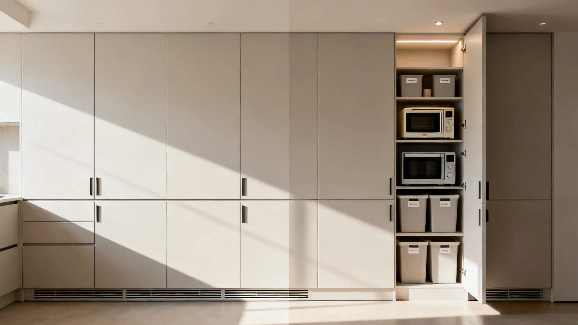 Hidden pantry behind integrated doors