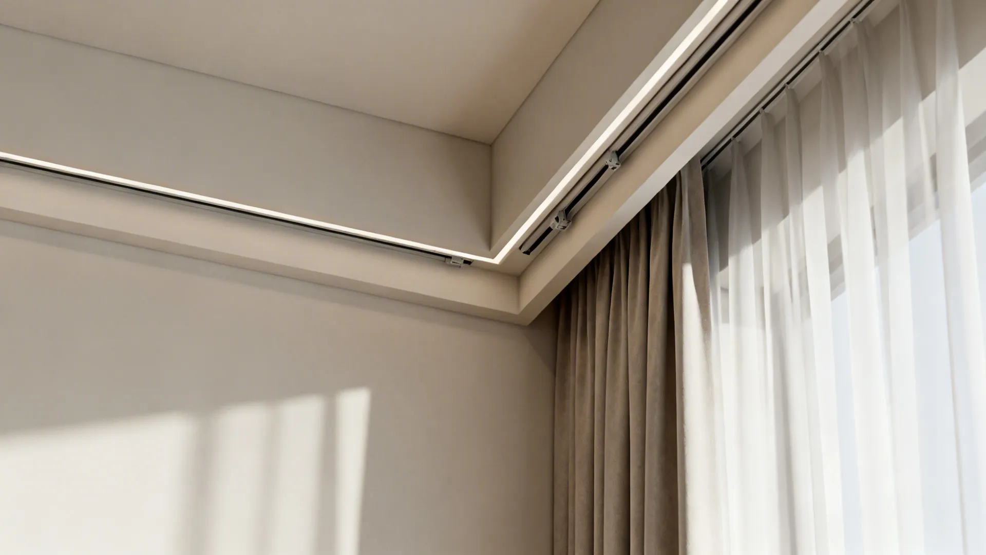 Close-up of a ceiling with hidden curtain tracks and warm light strips near large windows