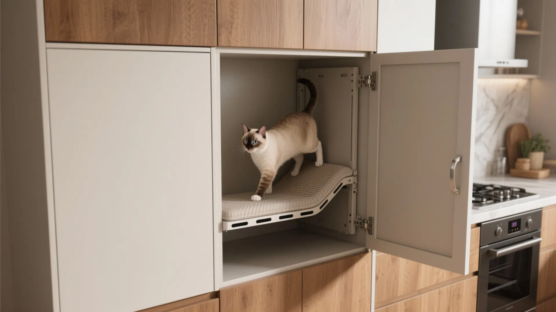 Before and after view of a cabinet with a fold-down hidden cat perch revealed, showing ventilation and a fabric pad.