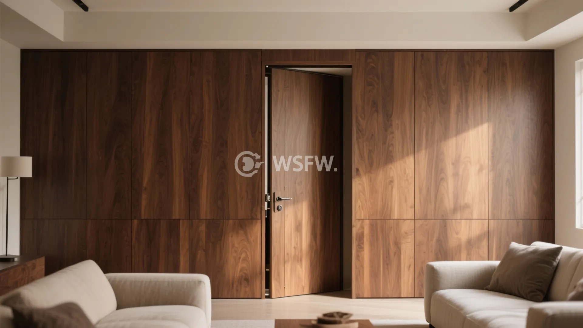 Dark wood wall panel with integrated hidden door opening into a modern bright living room