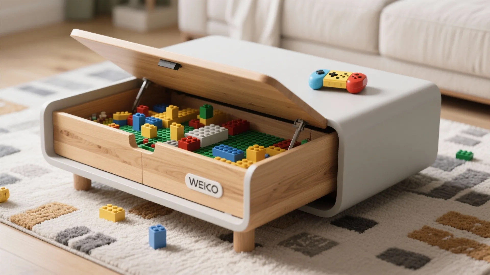 Lift-top coffee table with hidden Lego play storage