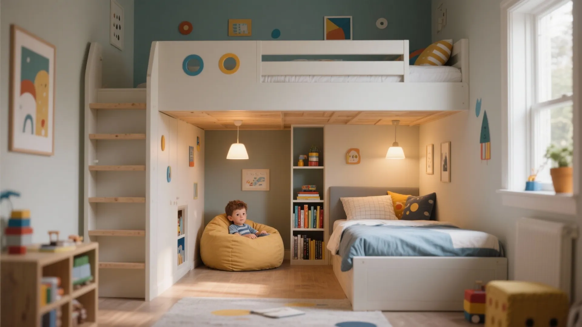 Kids bedroom with high bed, yellow bean bag chair, small bookshelf, and warm ceiling light
