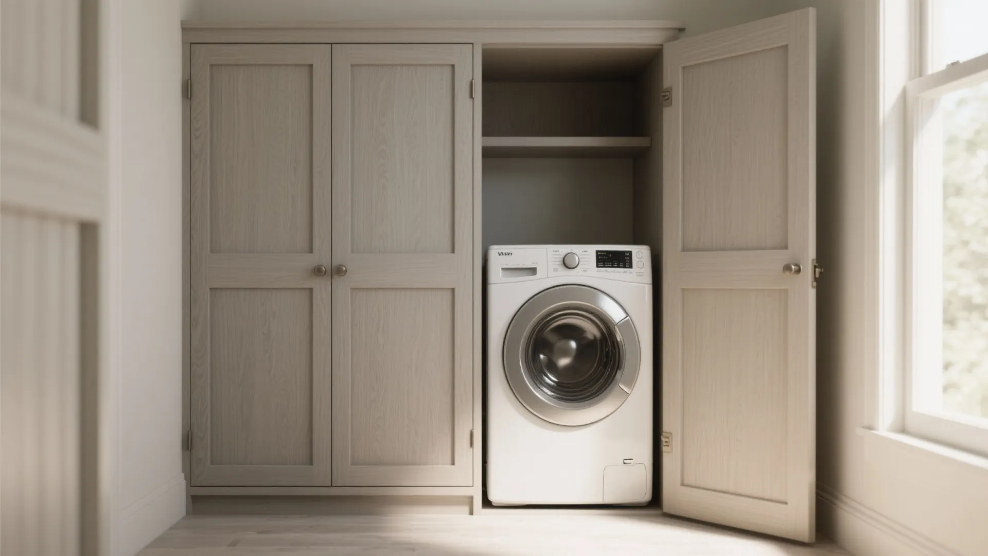 White washing machine hidden inside wooden cabinet with an open door in a laundry room