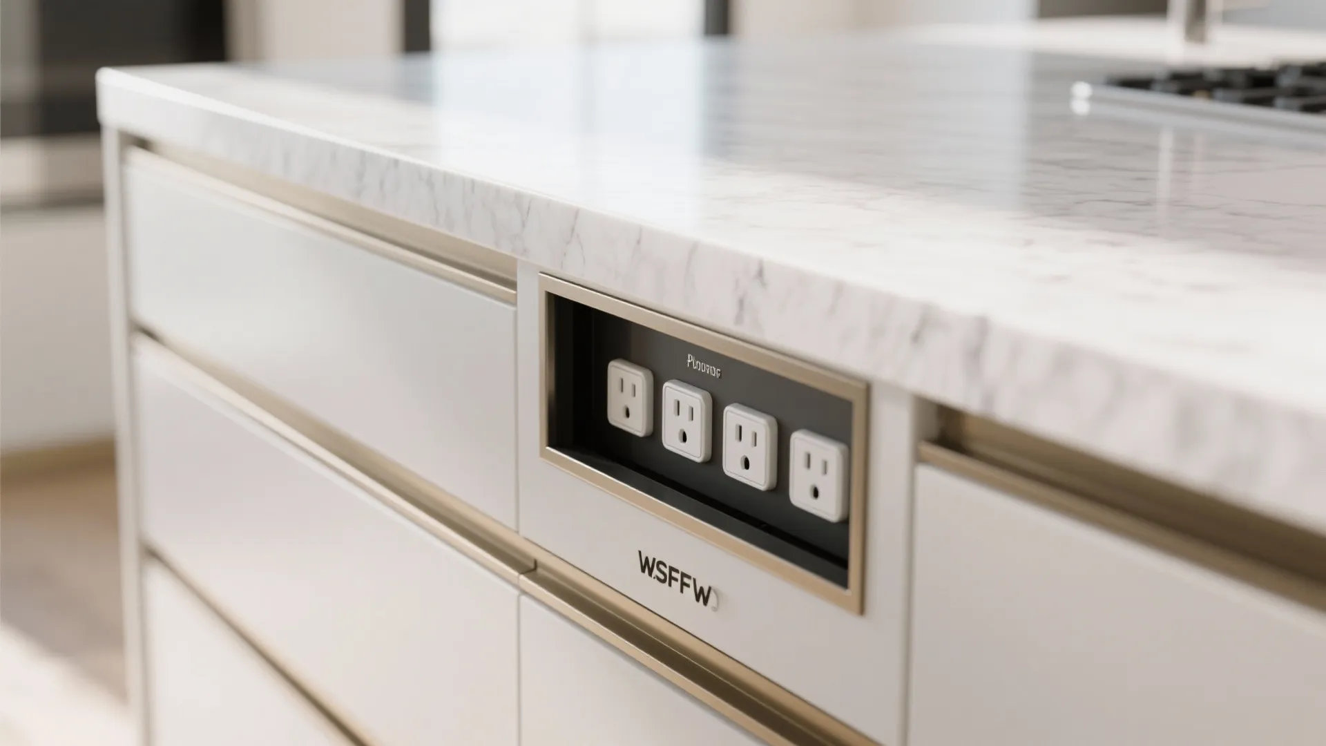 Close up of white kitchen cabinet drawers with four power outlets built into the side