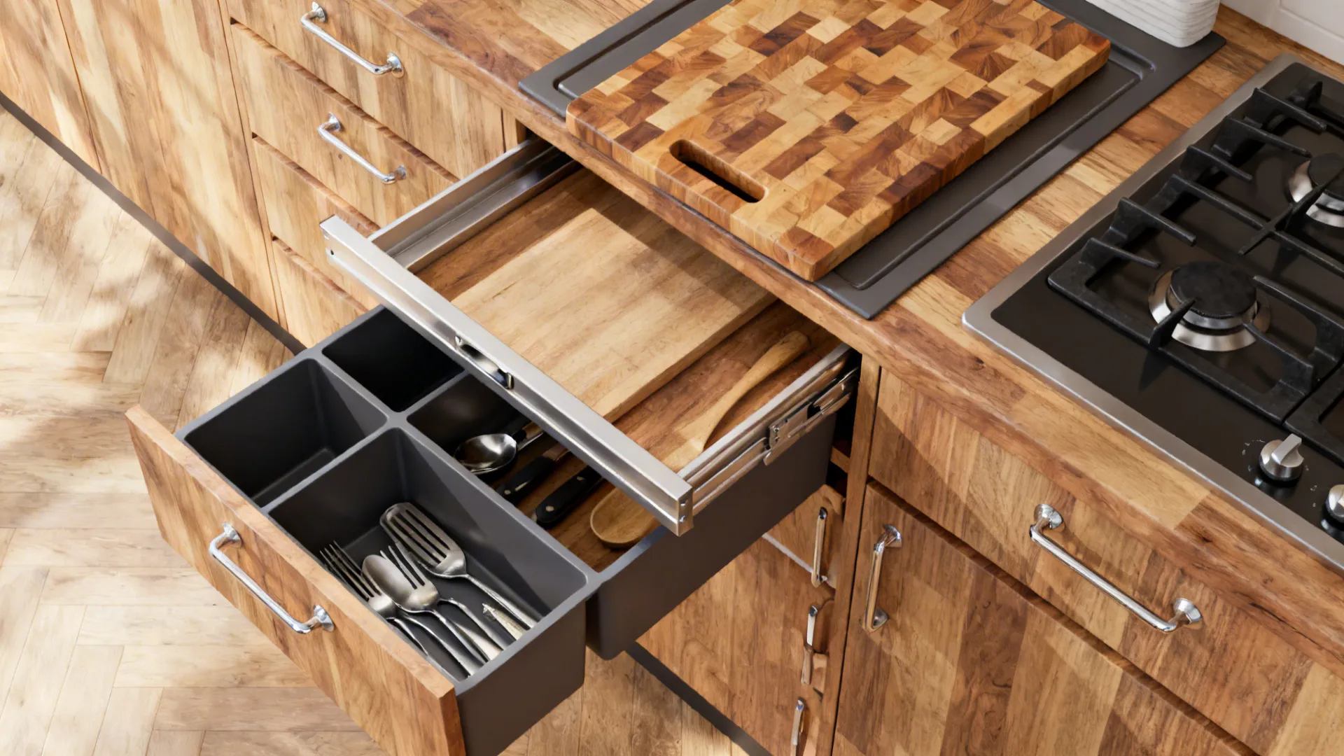 Top-down view of a pull-out cutting board and under-counter prep solutions in a small kitchen