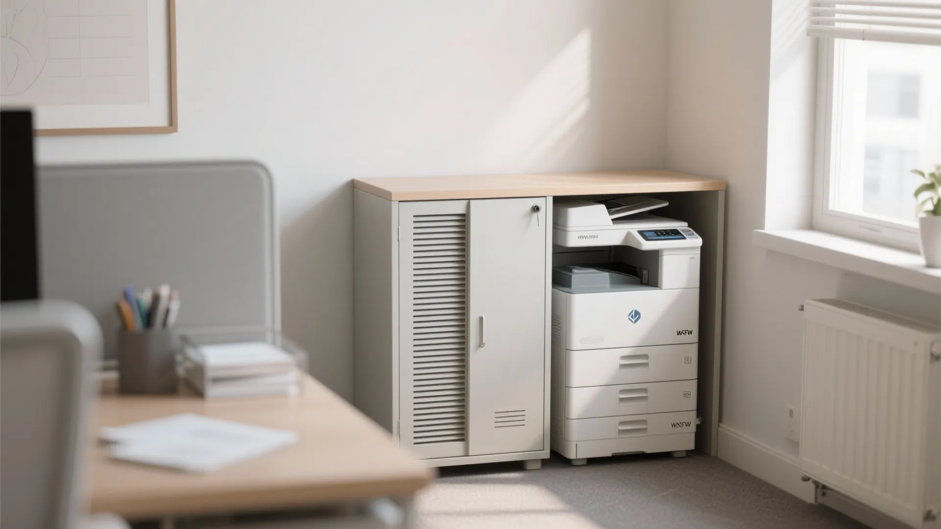 White printer stored inside a wooden top cabinet next to a window in a modern office