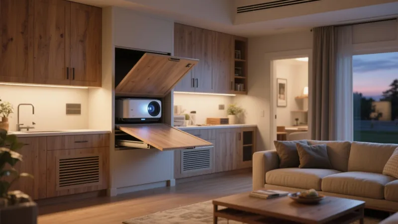 Modern Open-Plan Living-Kitchen with Hidden Projector Feature