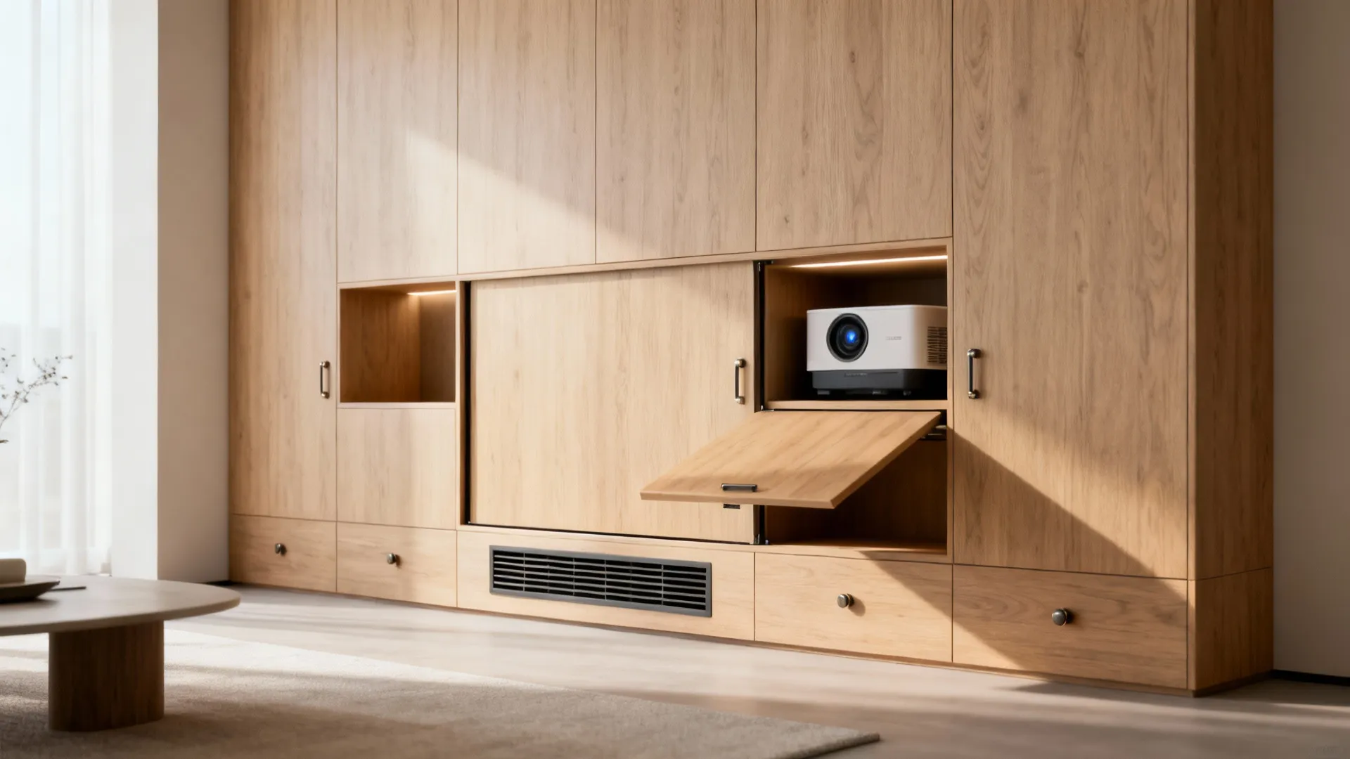 Custom cabinetry with a concealed projector niche and a projection window