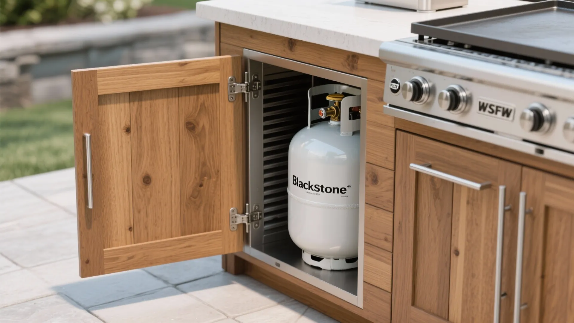 Wooden kitchen cabinet with an open door showing a white gas tank for a grill