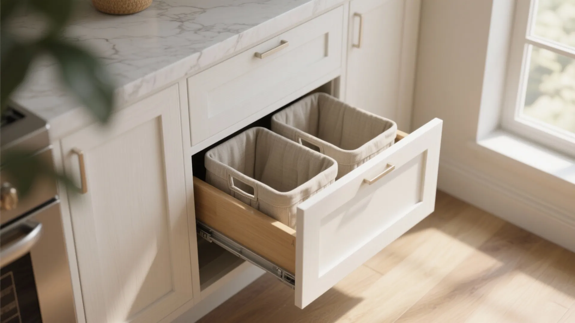 Modern white kitchen cabinet with open pull out drawer featuring two fabric storage baskets inside