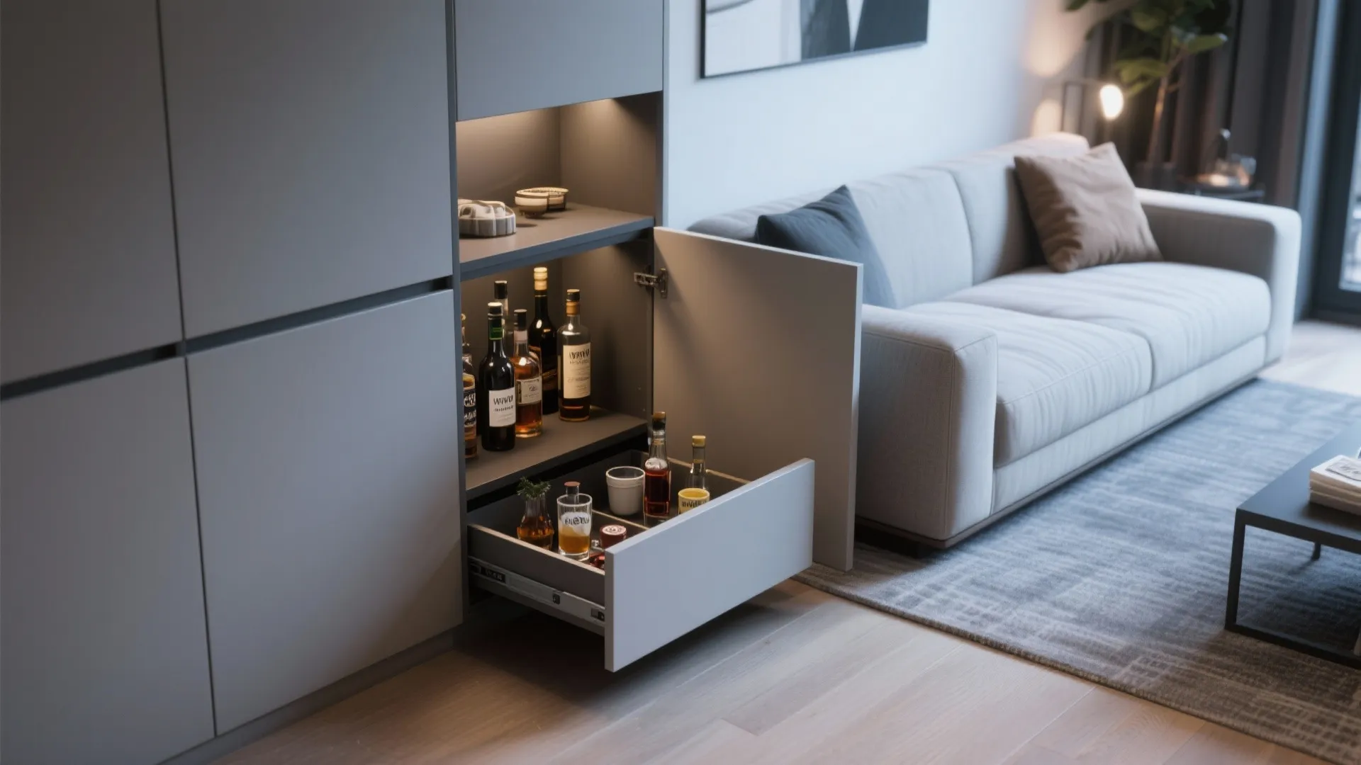 Hidden pull-out bar drawer in sleek living room cabinetry