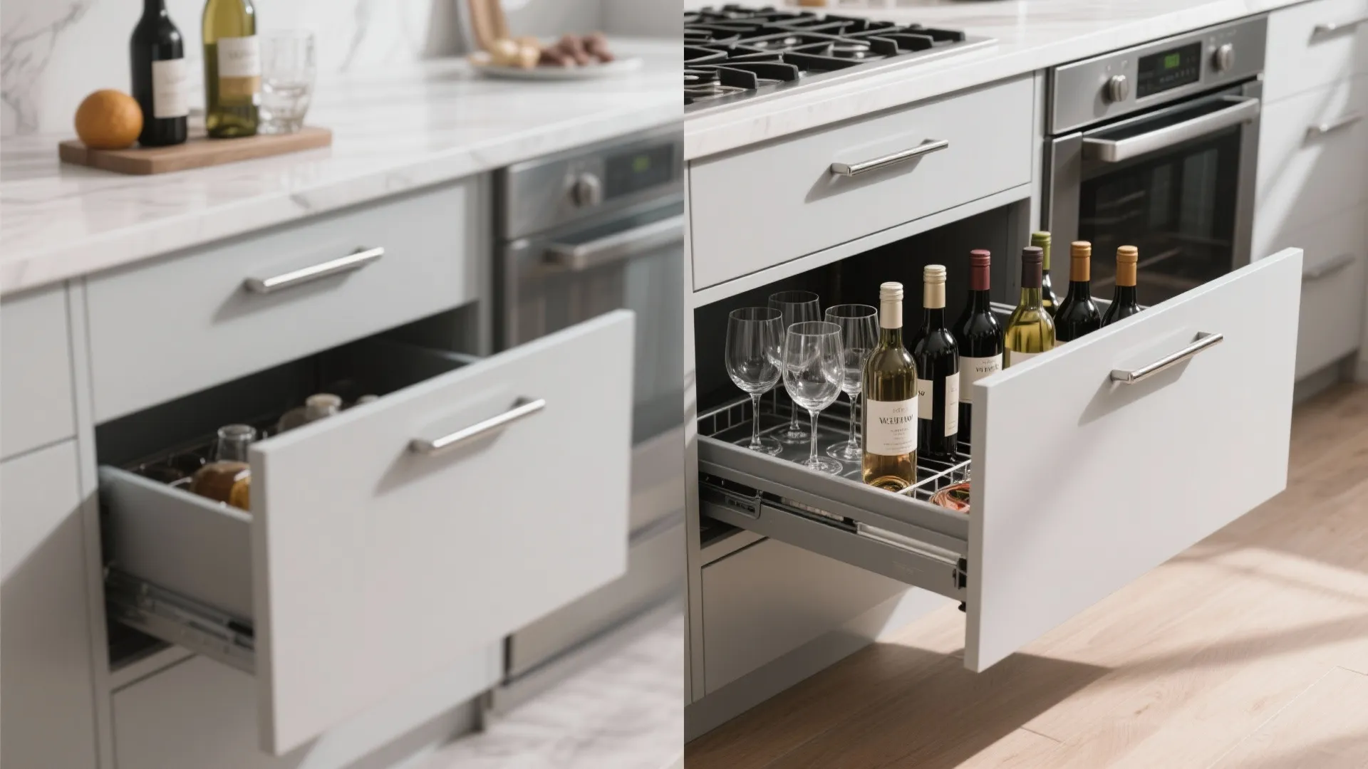 Modern grey kitchen cabinet with an open pullout drawer storing wine bottles and glass cups