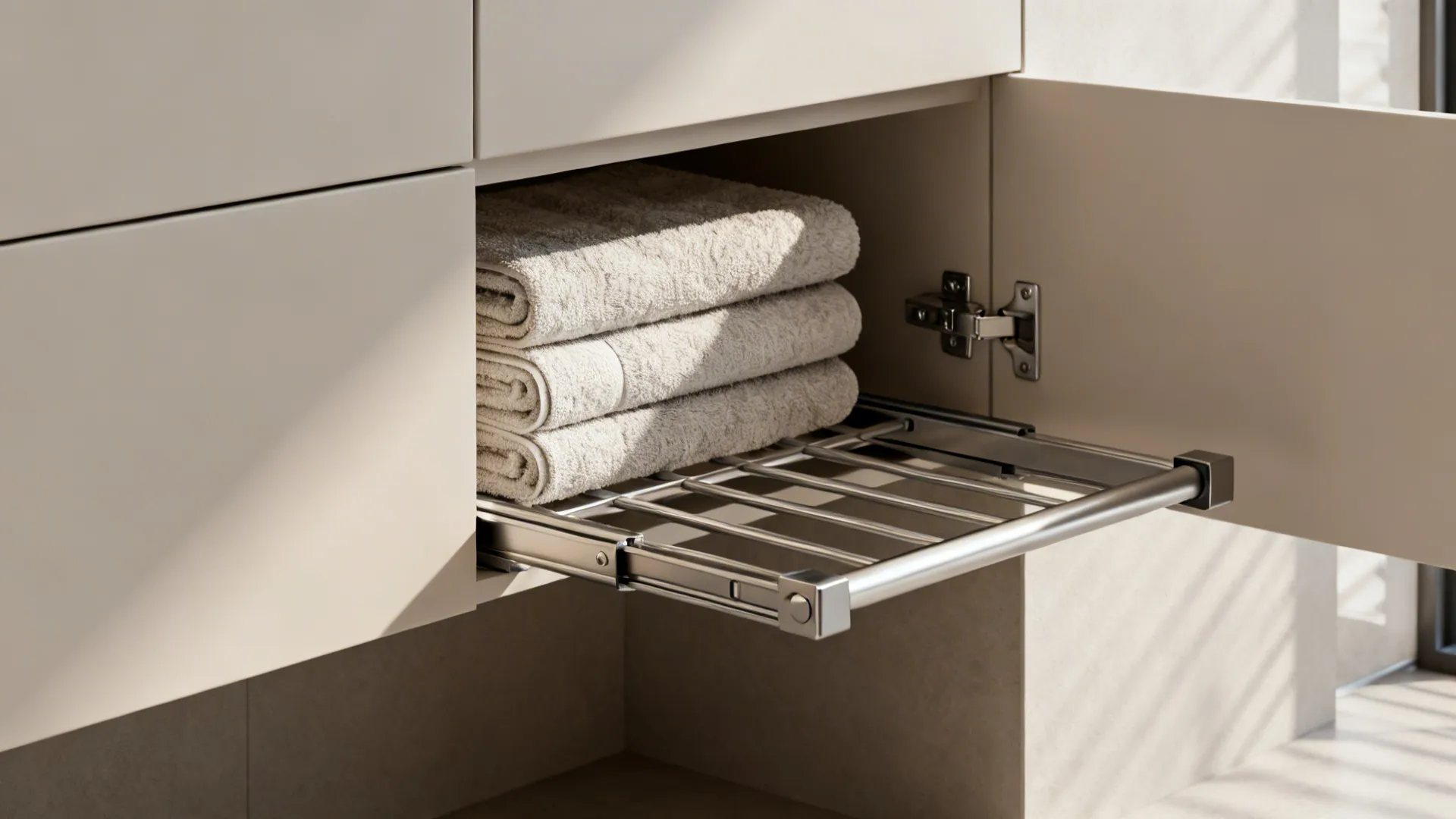 Shallow hidden cabinet with pull-out rails holding neatly stacked towels in a small ensuite.