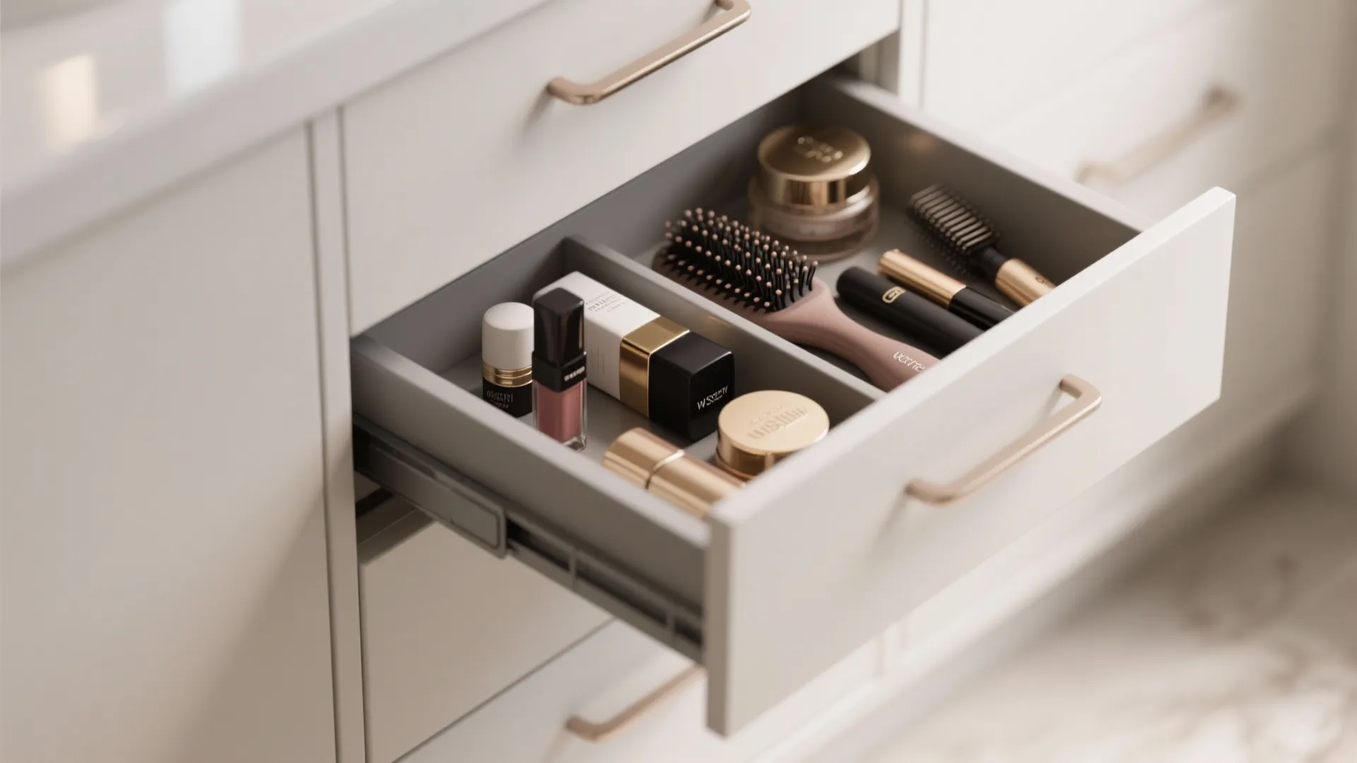 Open white cabinet drawer with gold handle containing makeup bottles hair brushes and skincare products