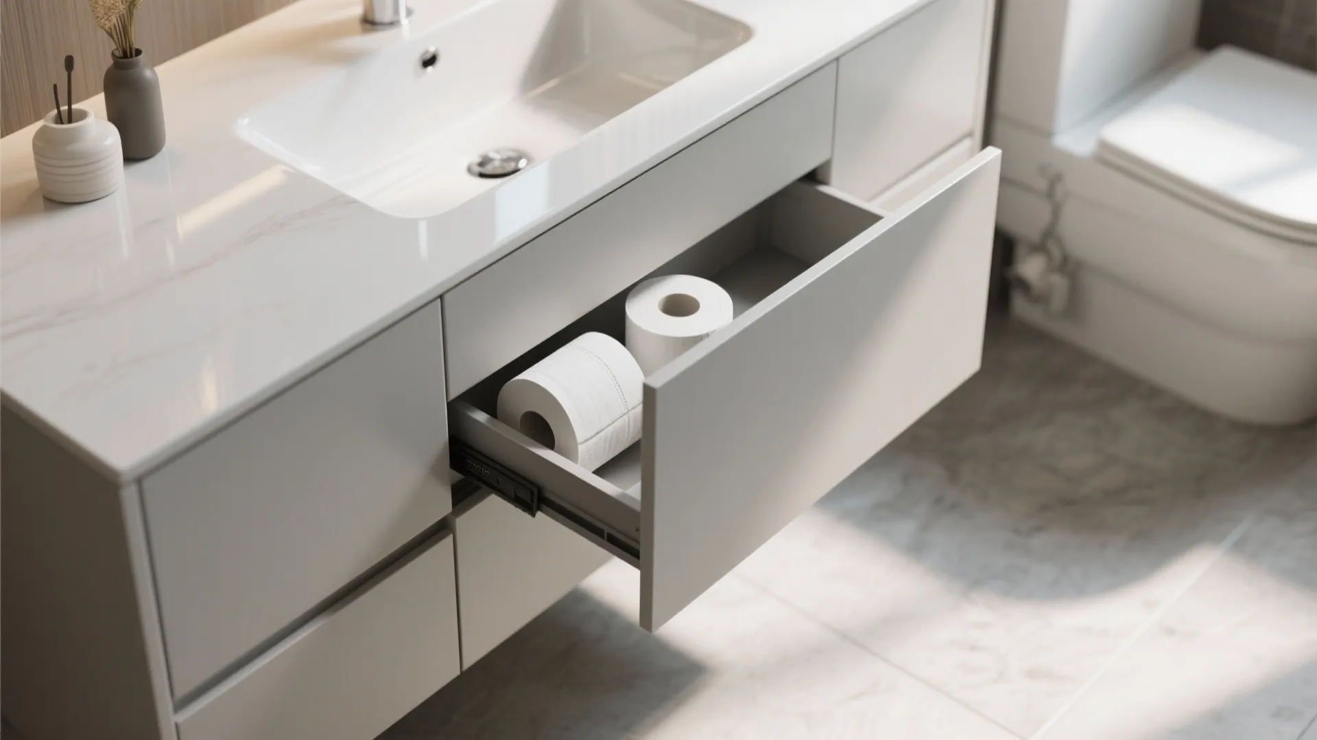 Modern white bathroom sink cabinet with an open drawer storing two rolls of white paper