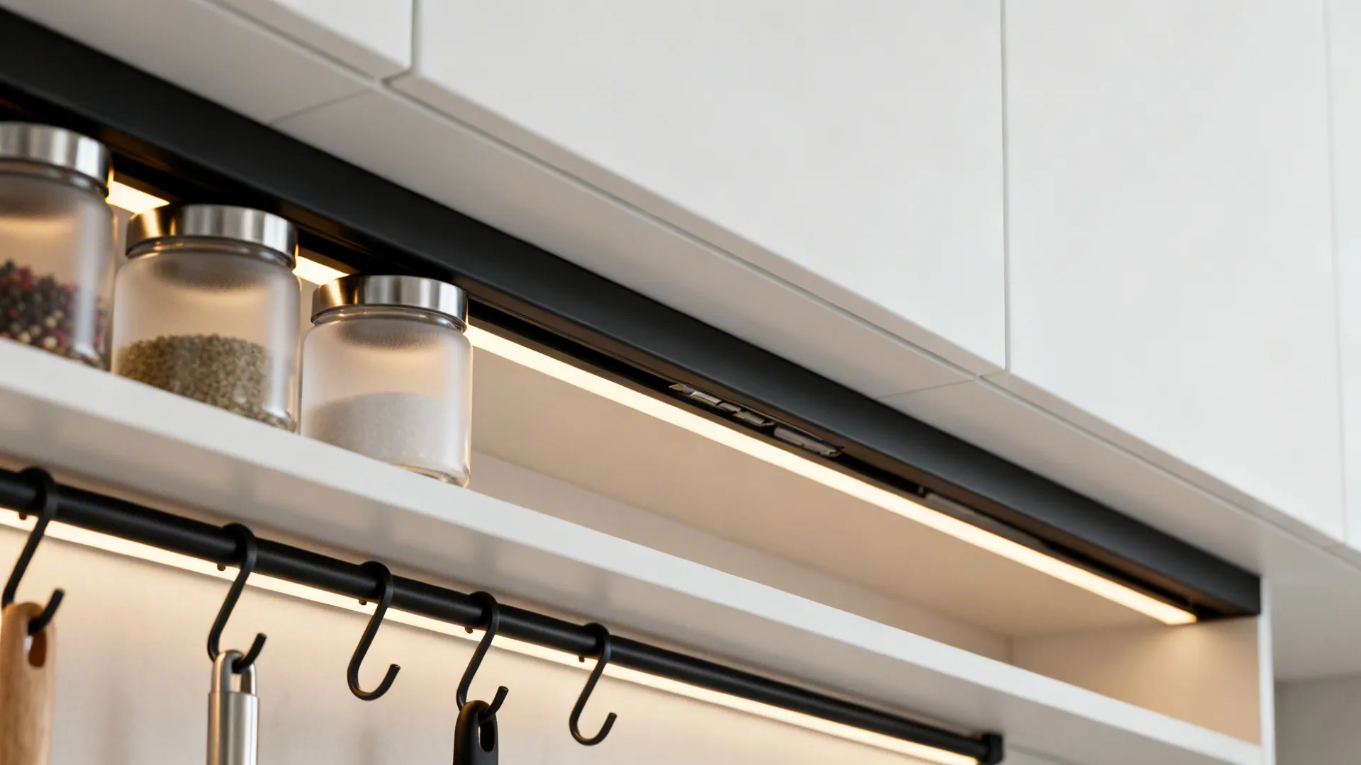 Macro of concealed rail with hooks and spice jars under a slim cabinet lit by warm LEDs.