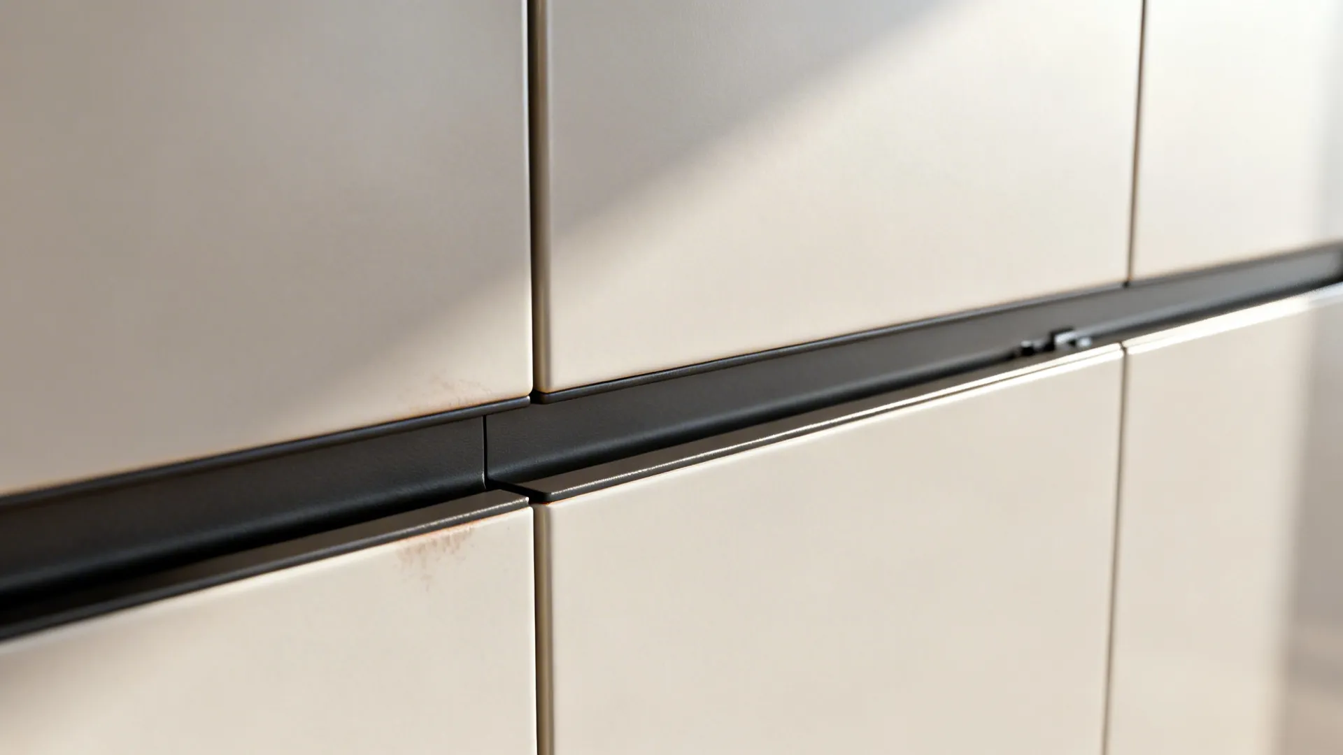 Macro view of a handle-free cabinet edge with hidden rail and push-to-open hardware.