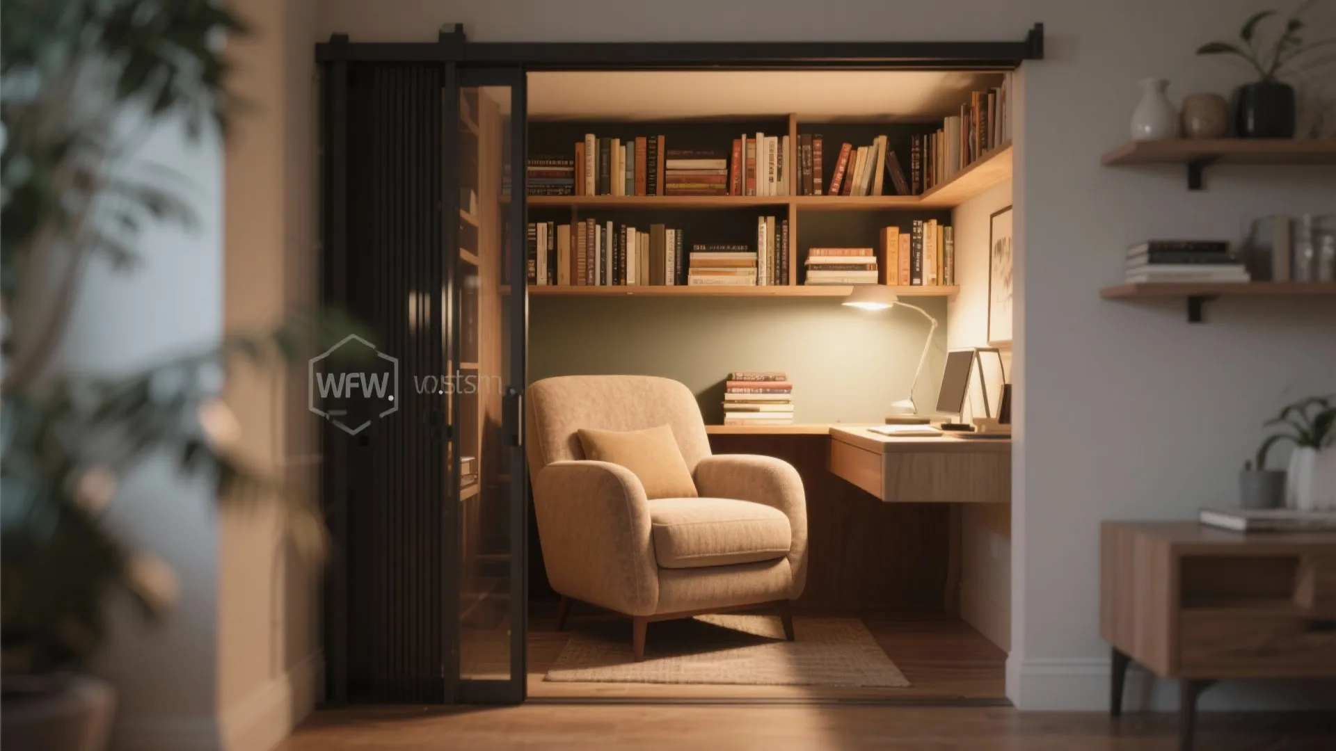 Cosy hidden reading nook with beige sofa chair desk light shelves and sliding glass door