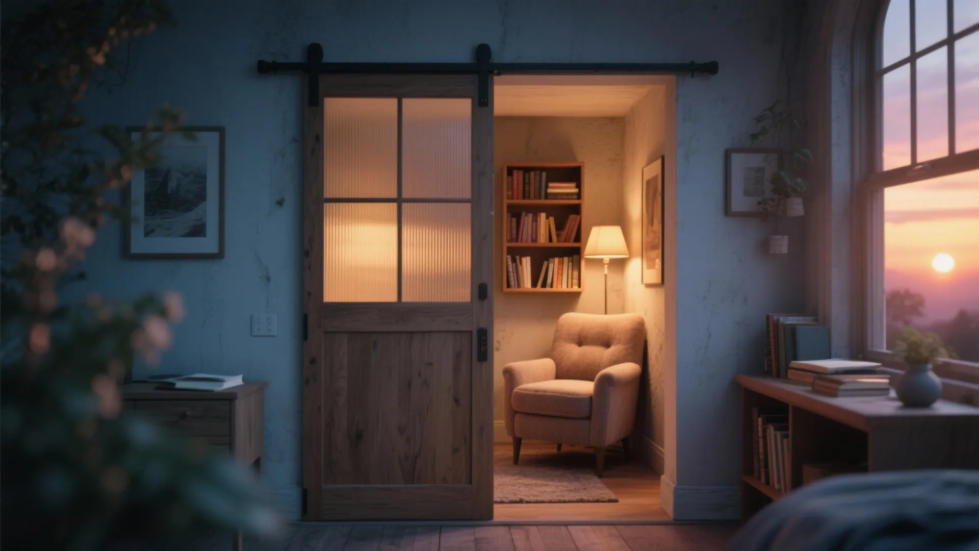 Secret reading corner with sliding door and warm lighting