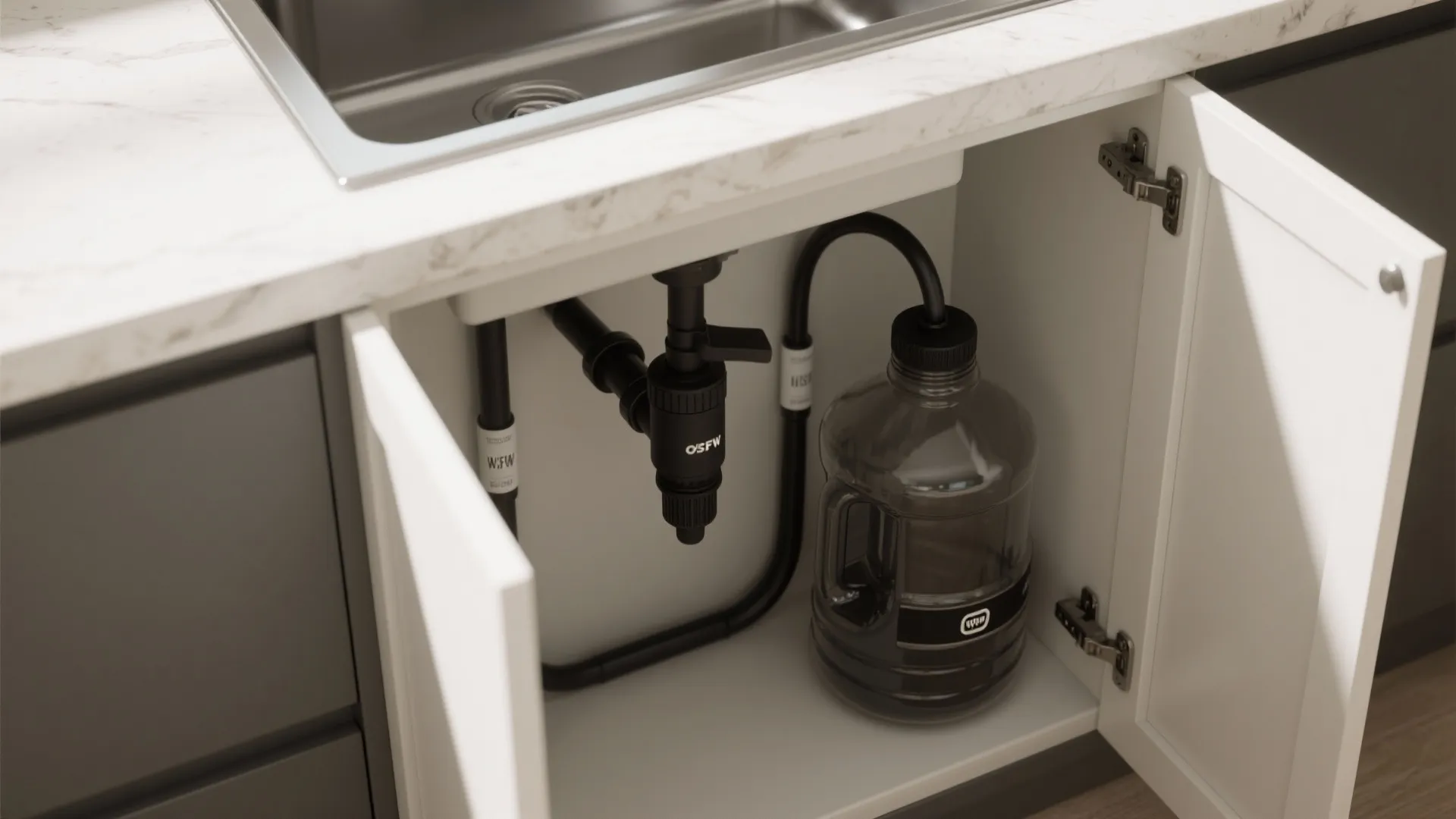 Top-down view showing a black pump with tubing leading to a sealed refill jug stored under the sink.