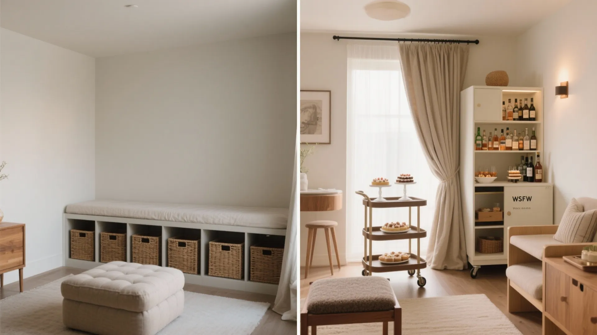 Before and after interior design drawing showing empty bench wall versus organized room with cabinet