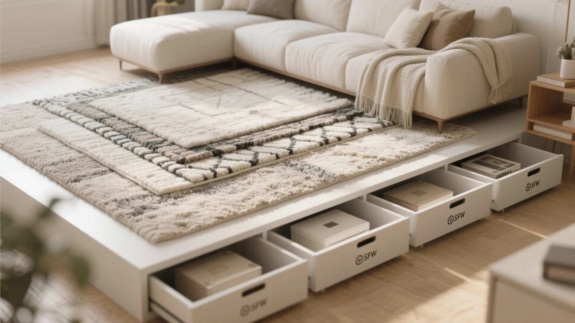 Layered rugs concealing flat storage boxes