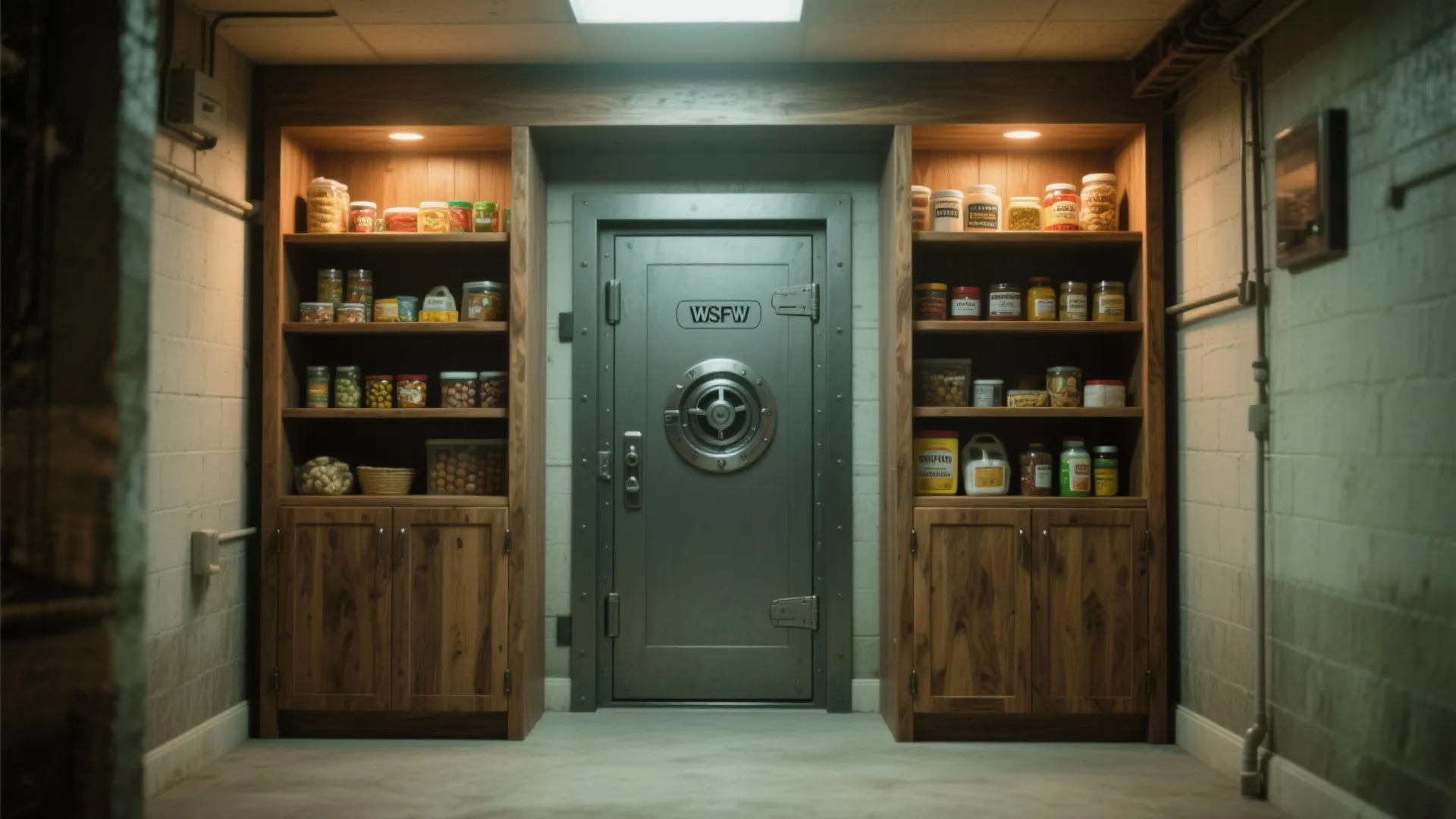 Hidden safe room door behind pantry shelving with integrated storage