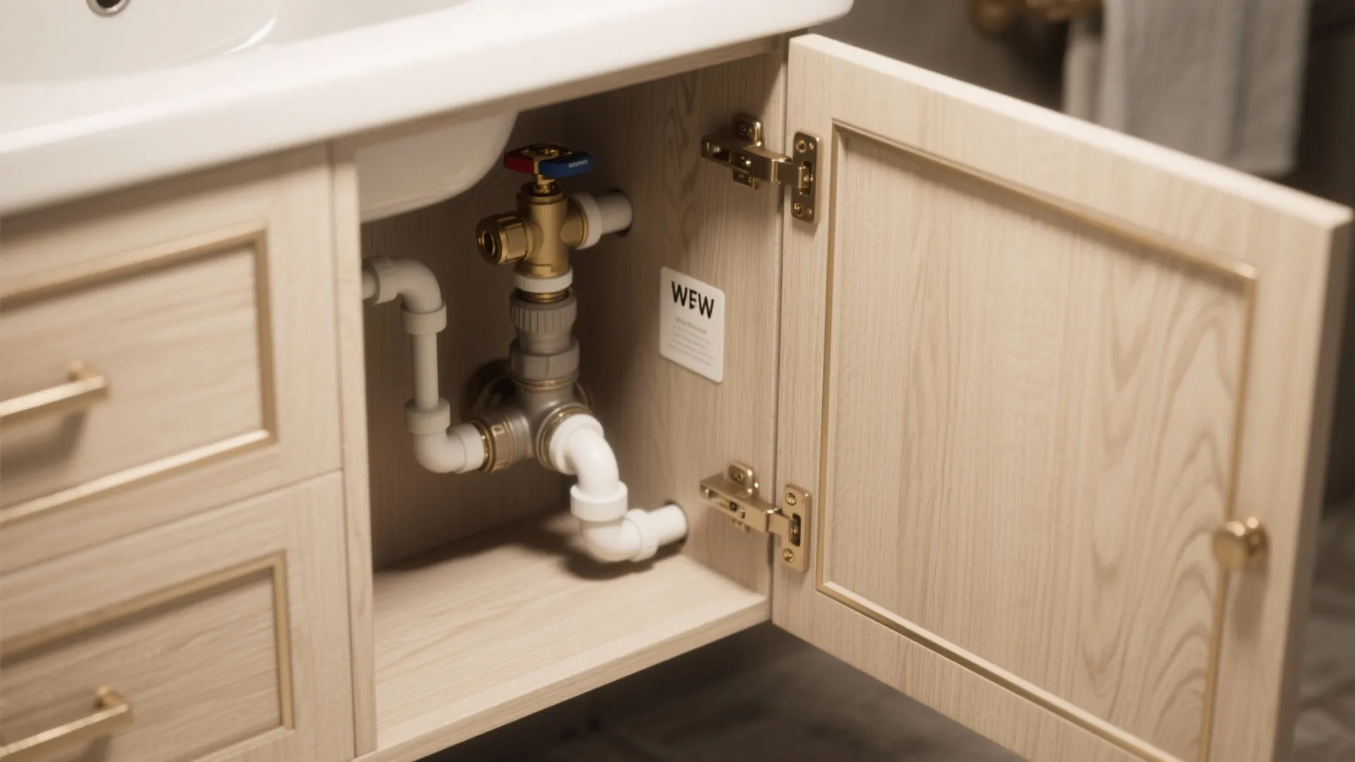 Close up view of plumbing pipes inside a light wood bathroom cabinet with an open door
