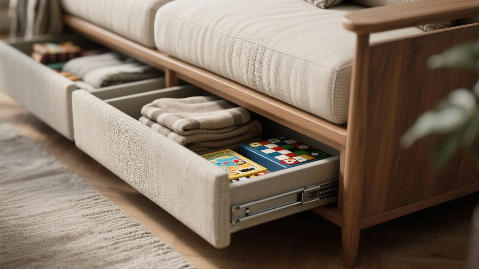 Close up of wooden sofa with open storage drawers holding folded blankets and colorful books