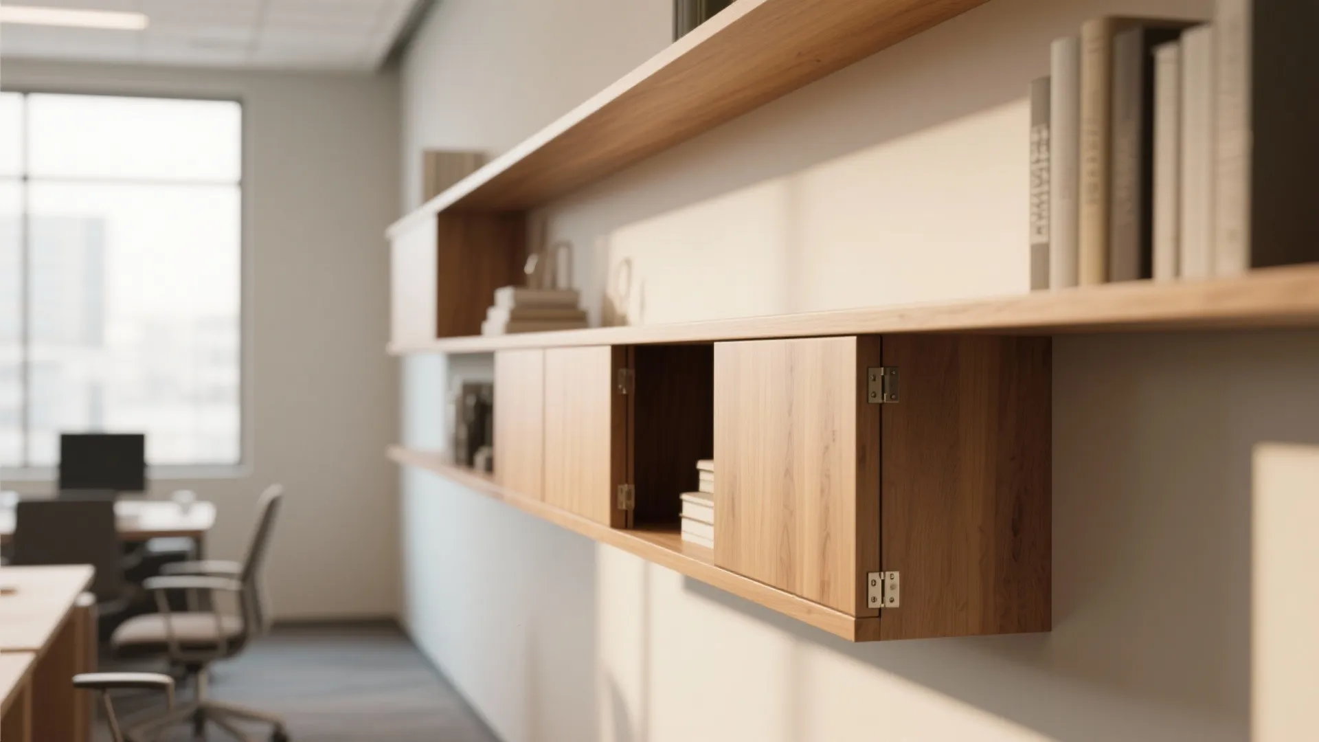 Modern wall storage with wooden shelves and small cabinets in a bright home office space