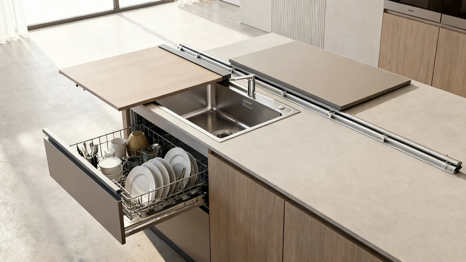 Hidden island sink with sliding cover shown open and closed, creating seamless workspace.