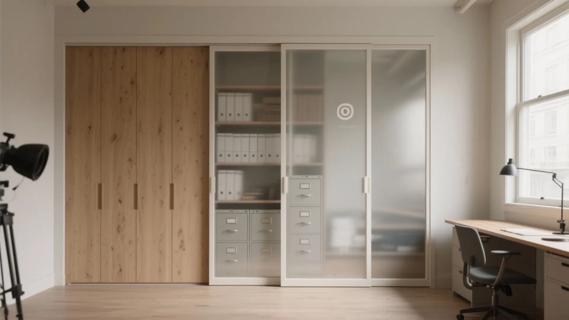 Studio workspace showing sliding panels matched to trim, concealing neat filing cabinets behind frosted doors in a before-and-after composition.