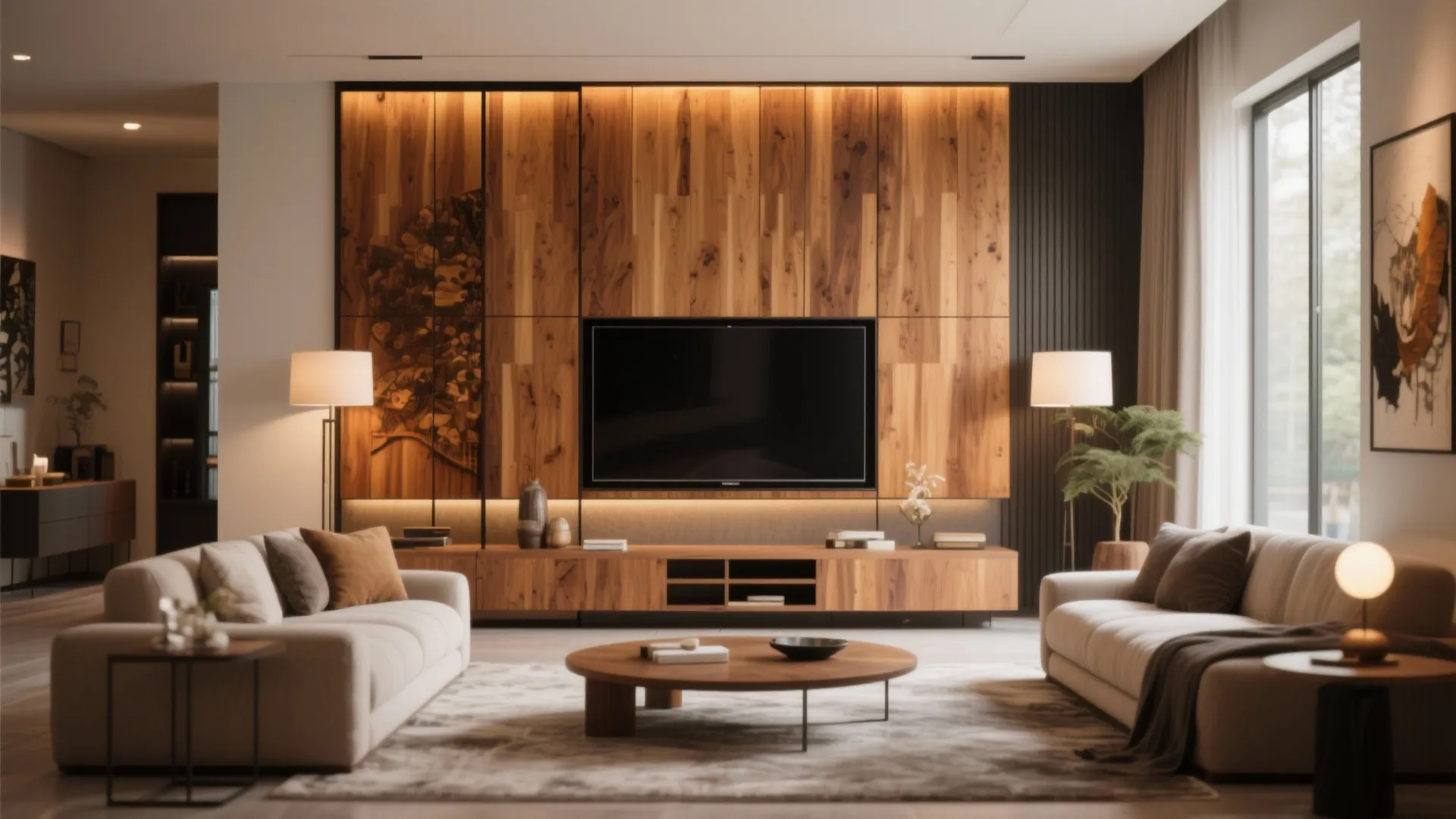Modern living room featuring a wooden wall panel with television coffee table and two sofas