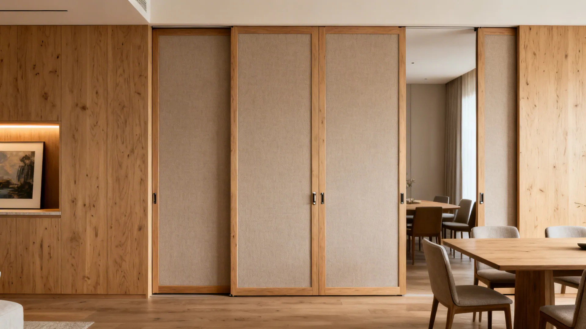A custom floor-to-ceiling millwork divider with hidden sliding panels separates living and dining spaces.