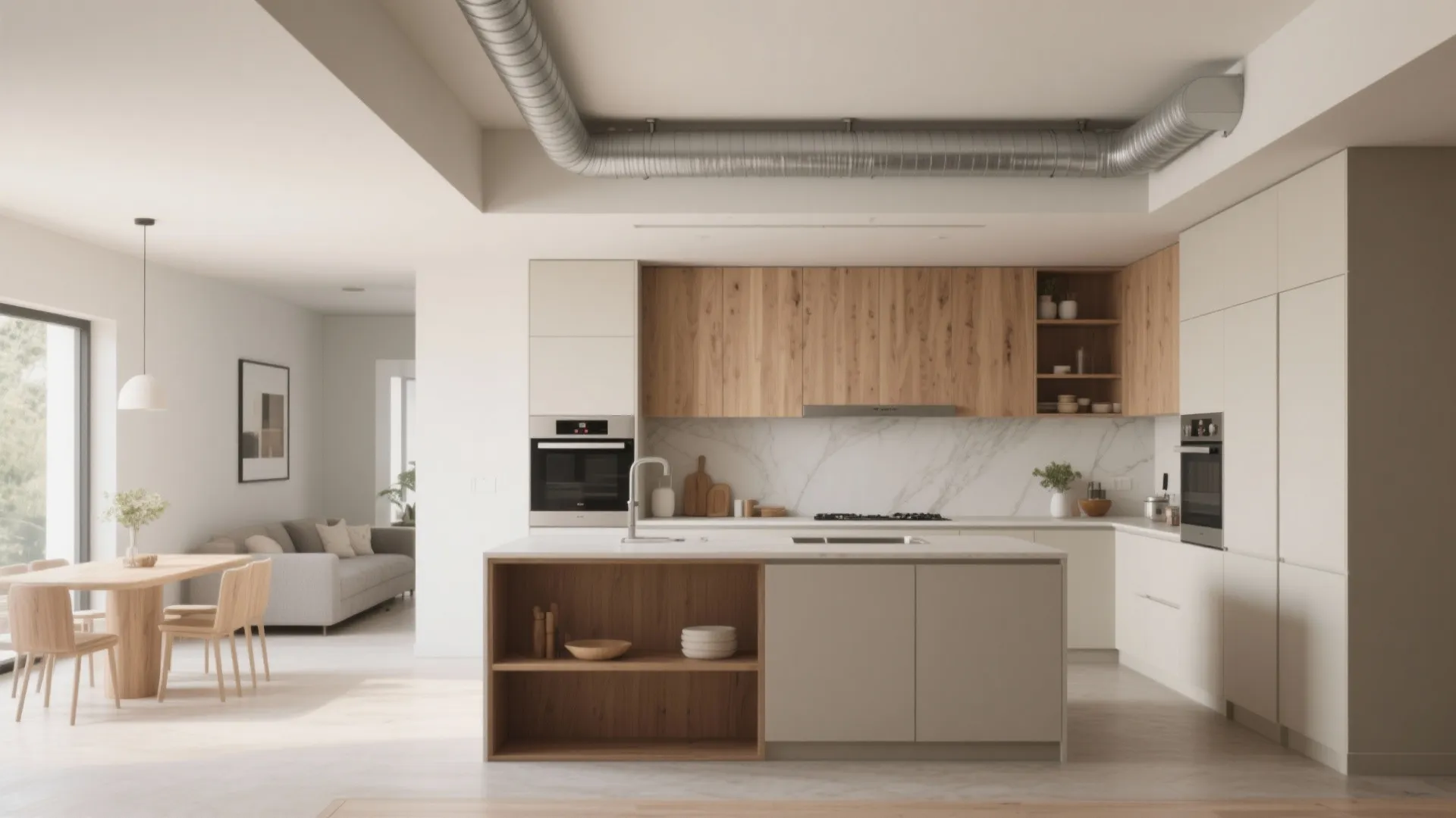 Modern open kitchen with wood cabinets and a long silver metal air pipe on ceiling