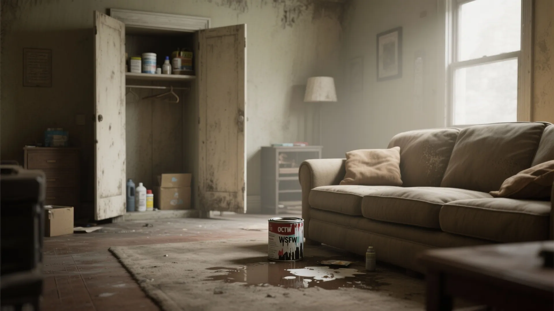 Messy living room with paint spill on rug brown sofa and open white wooden cabinet