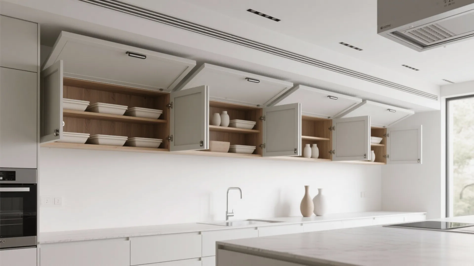 Modern white kitchen cabinets with open doors showing organized wooden shelves and white ceramic dishes