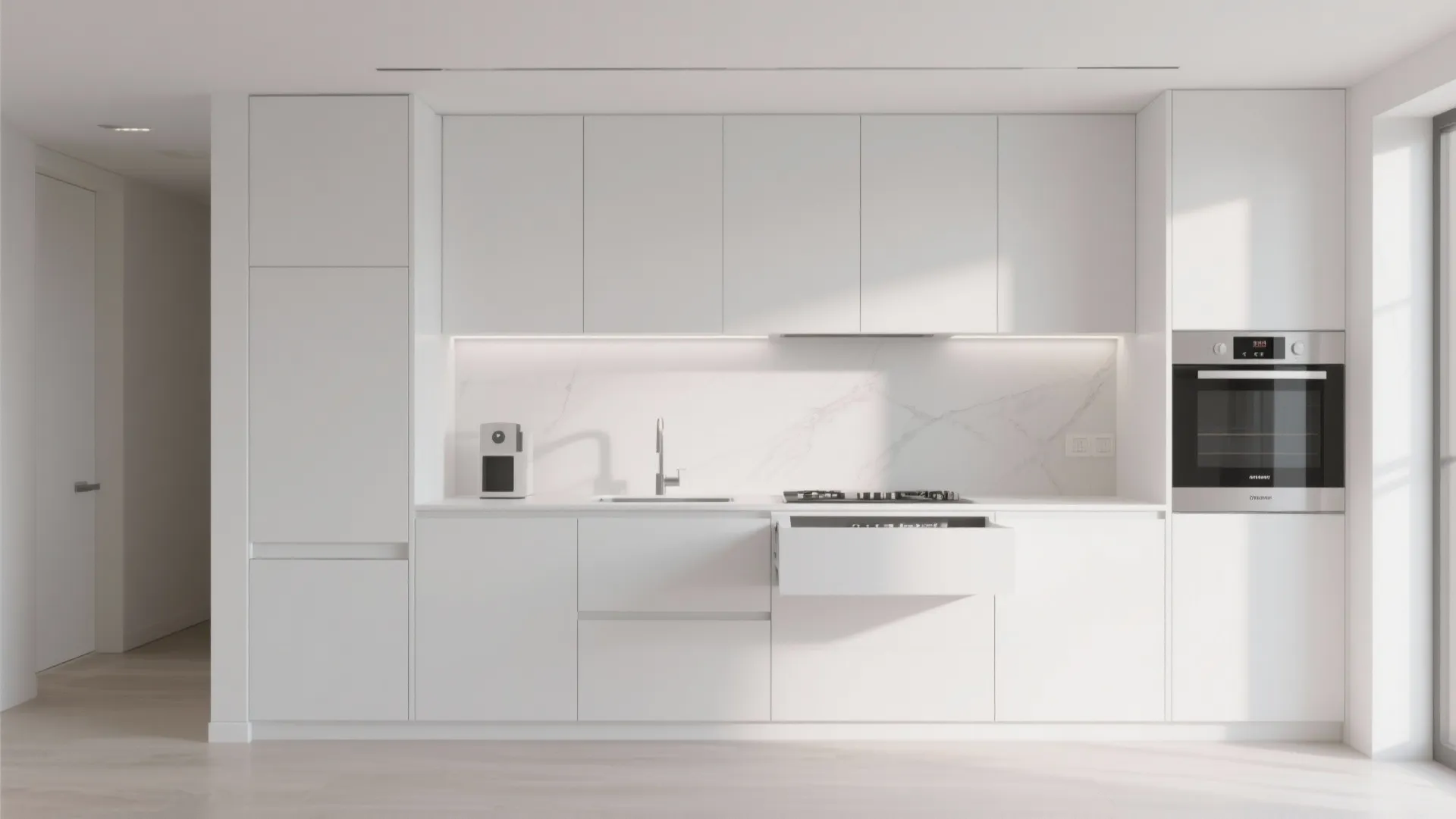 Minimal white kitchen with hidden storage