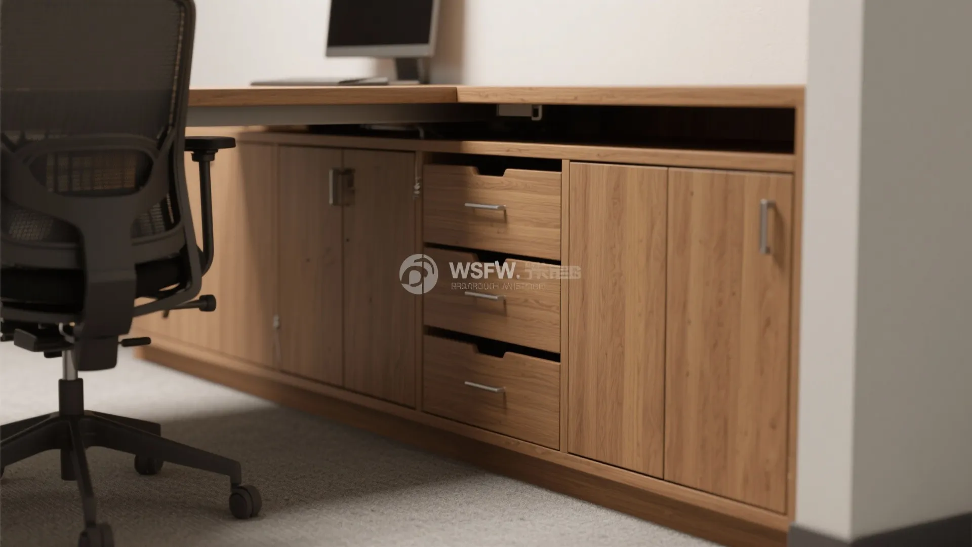 Modern office desk with built in wood storage cabinet and three drawers under the tabletop