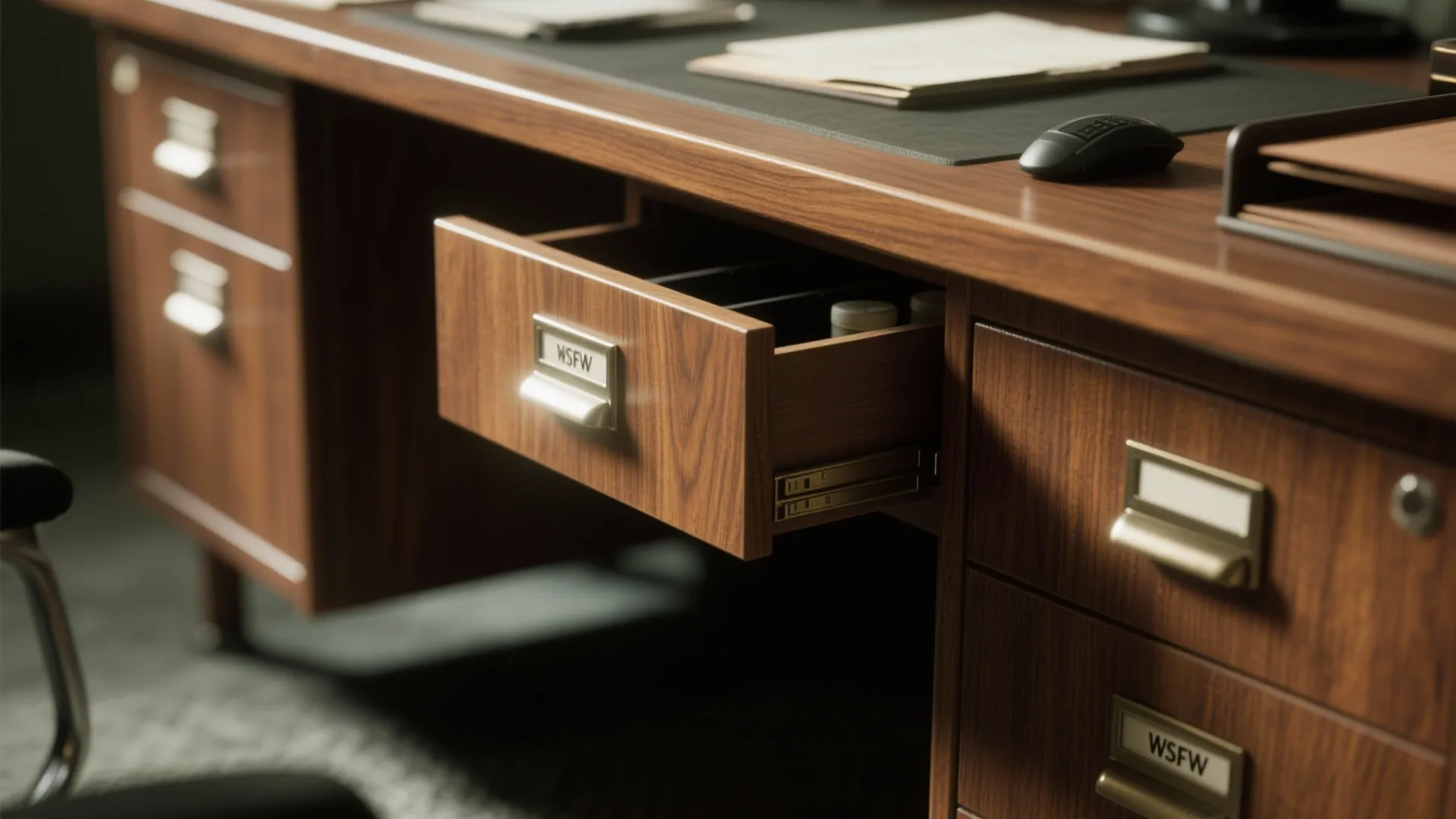 Wooden office desk with an open drawer showing internal storage space for small organized office items
