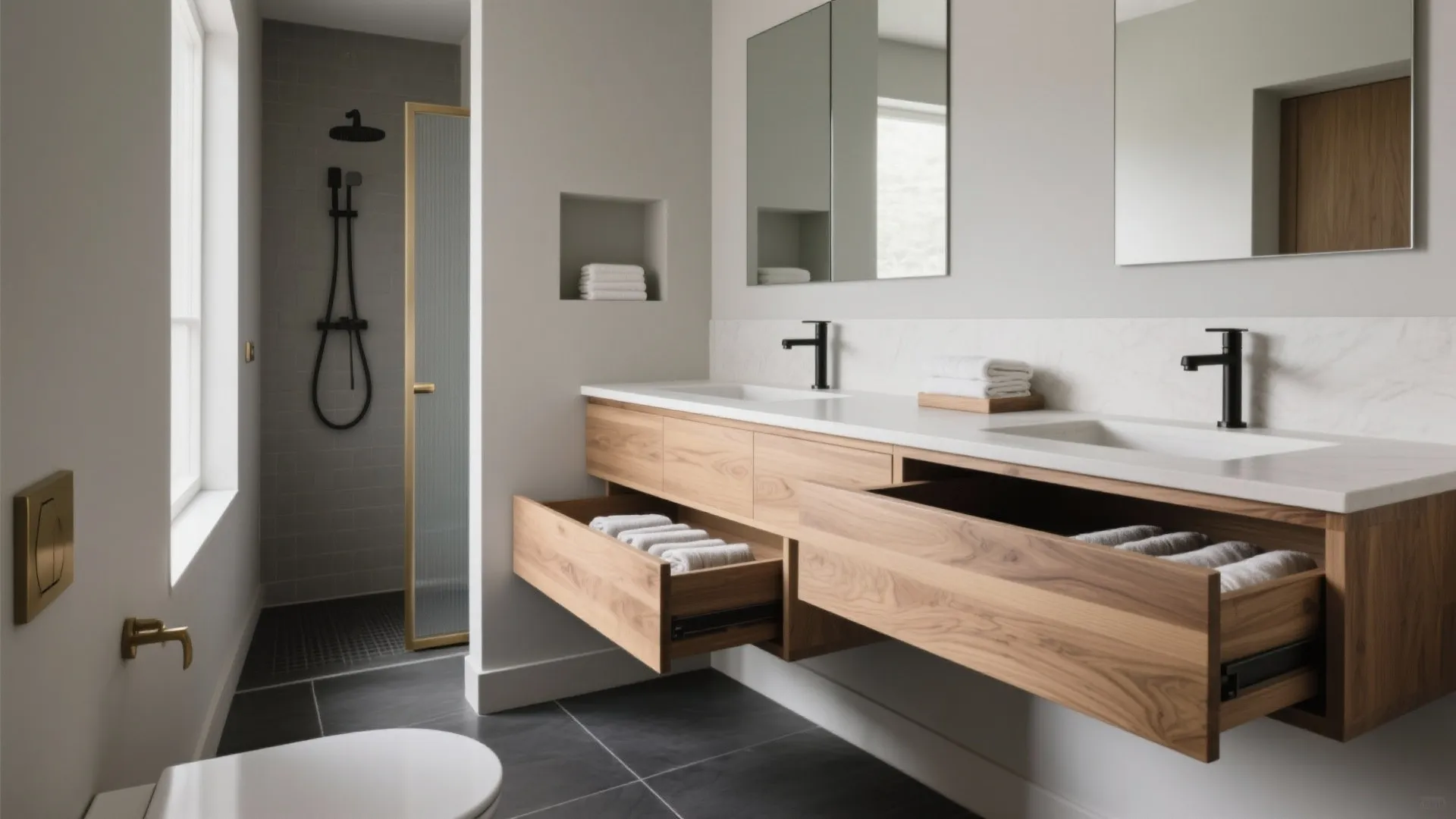 Modern bathroom featuring double wooden cabinet with open drawers showing folded white towels and black faucets