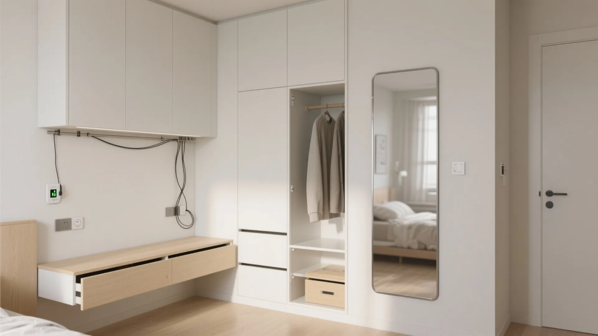 Minimalist white bedroom cabinet with open storage space a long mirror and a wooden drawer