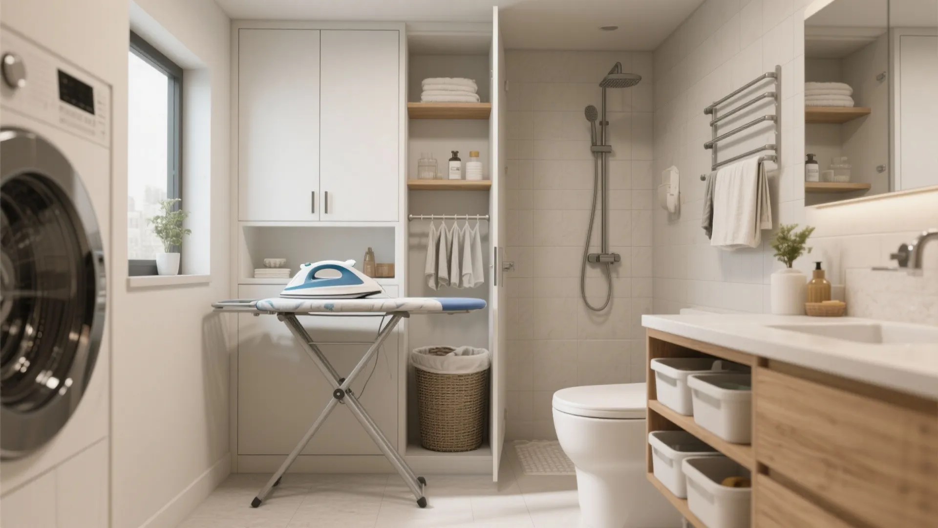 Compact wet room with fold-down ironing board, recessed shelves, pull-down drying rods and hidden hampers.