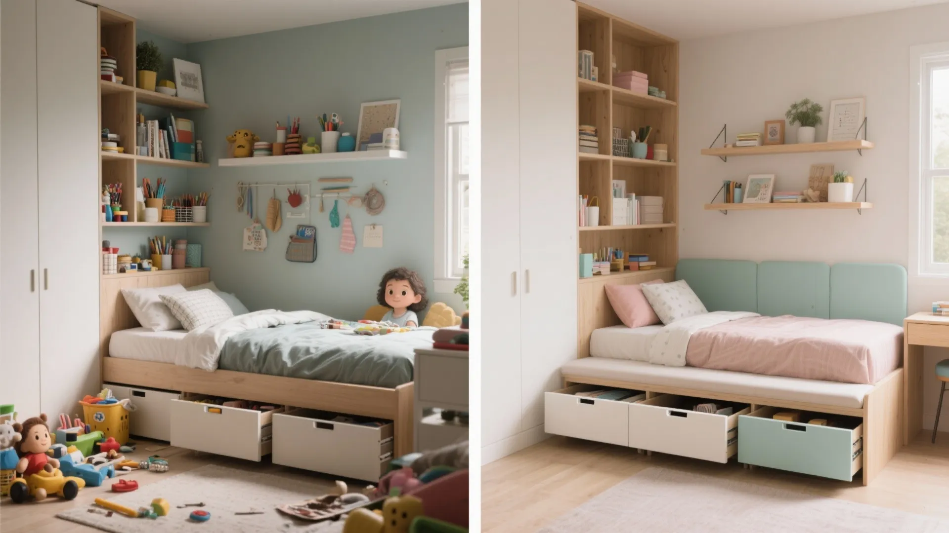 Before and after comparison of messy bedroom versus organized space with functional under bed drawers