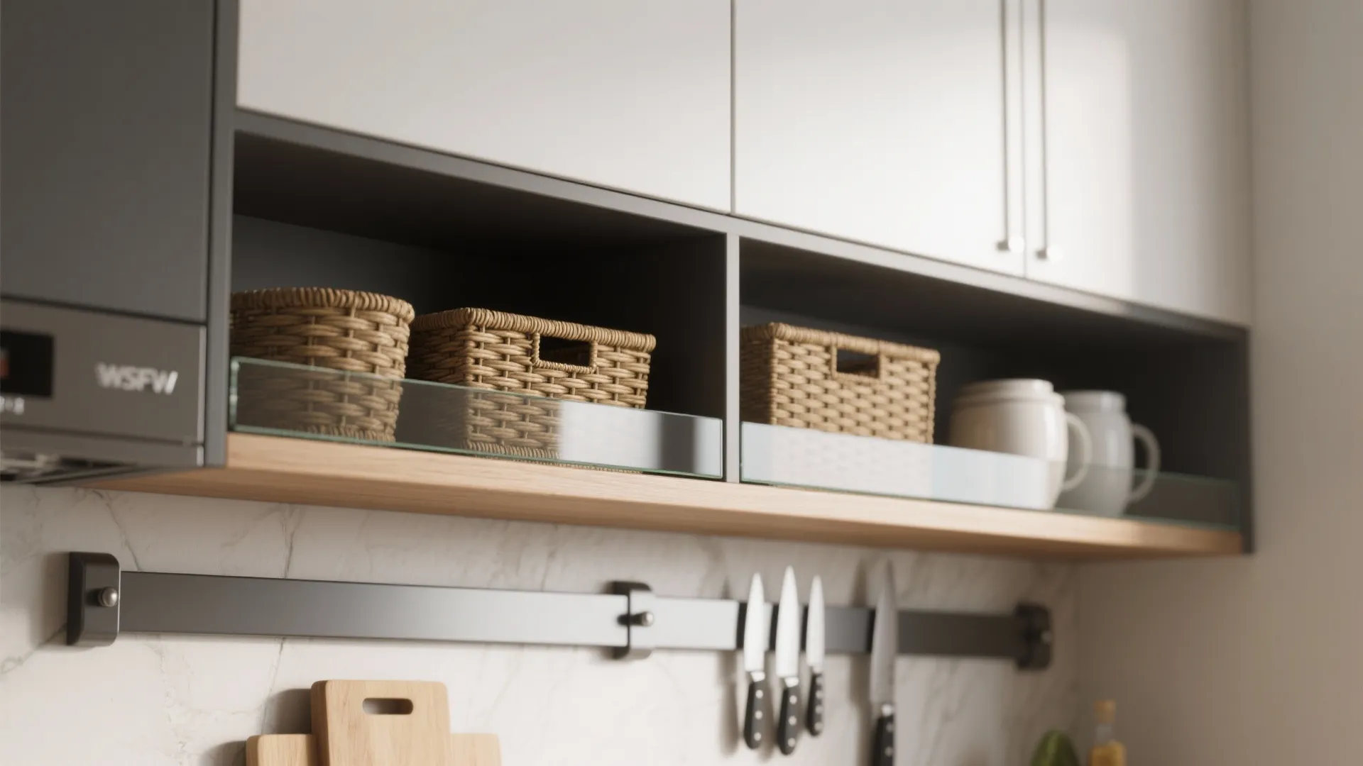 Close up of kitchen storage showing woven baskets on wooden shelves and magnetic knife rack