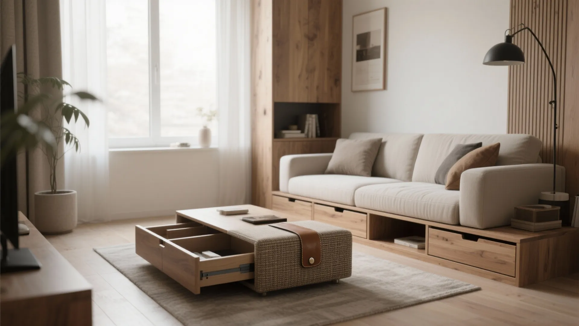 Compact living room with an open storage ottoman and a bench that doubles as a table, maximizing space.