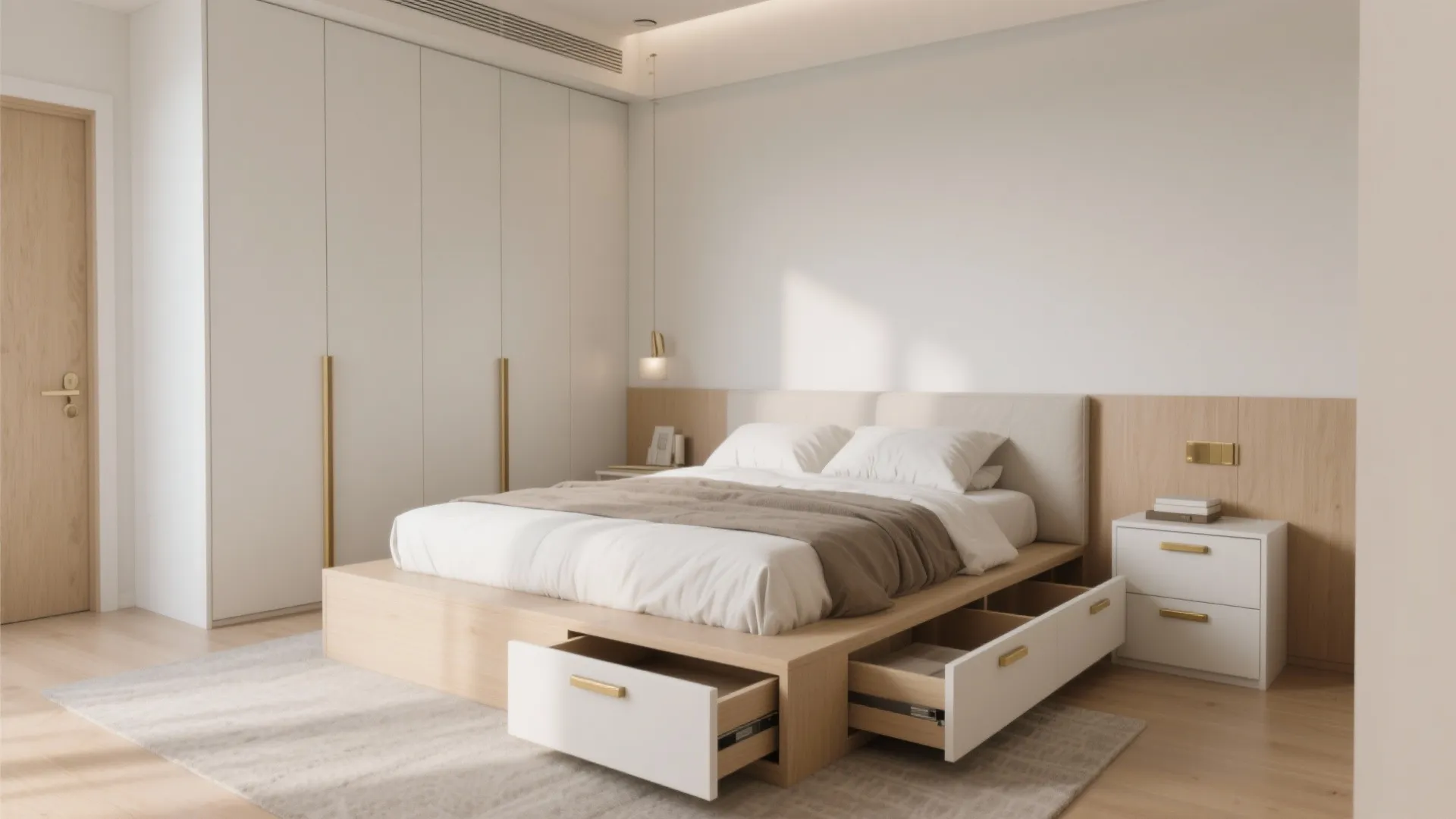 Modern bedroom featuring a light wood bed frame with open storage drawers and white wardrobes