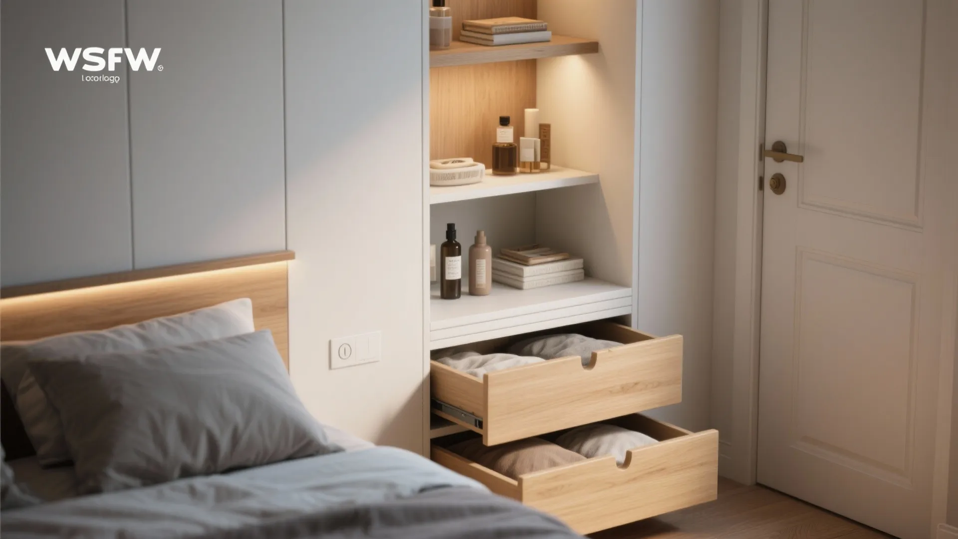 Built-in bedroom storage unit featuring wooden drawers, open shelves with light fixture, and white door