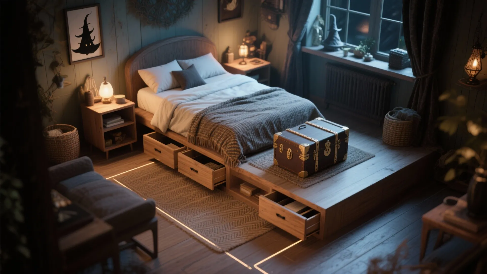 Cozy bedroom with wooden platform bed showing open storage drawers under the mattress and trunk
